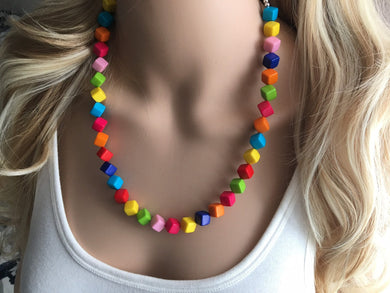 Geometric Rainbow Beaded Necklace, Colorful Jewelry, Chunky statement necklace, big beaded necklace, rainbow jewelry baby, color block