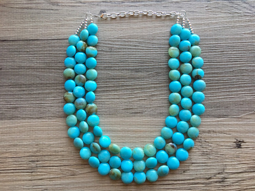 Turquoise & Brown Beaded statement necklace, extra chunky graduated bead blue green jewelry, blue necklace jewelry, green earrings