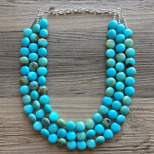Load image into Gallery viewer, Turquoise &amp; Brown Beaded statement necklace, extra chunky graduated bead blue green jewelry, blue necklace jewelry, green earrings