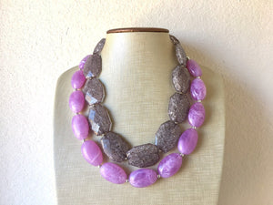 Purple & Gray Necklace, multi strand jewelry, big beaded chunky statement necklace, purple necklace, bridesmaid necklace, gray necklace