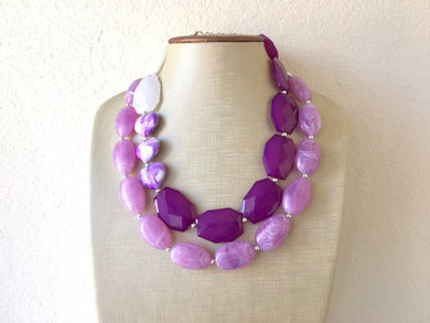 Chunky Heart Statement Purple Necklace, multi strand colorful jewelry, big beaded chunky statement necklace, lavender necklace, purple