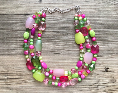 Pink & Green Chunky Statement Necklace, green pink beaded necklace, bubble jewelry, multi color jewelry multi strand necklace, bib chunky