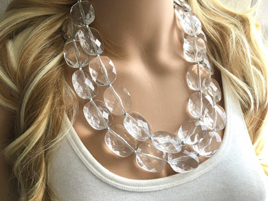 Clear Crystal Statement Necklace - Faceted Oval Beaded Everyday neutral jewelry - silver accents chunky bib necklace