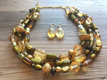 Load image into Gallery viewer, Gold &amp; Olive 3 Strand statement necklace, big beaded necklace, chunky jewelry, green necklace, gold necklace, multi-strand bib jewelry