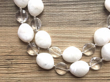 Load image into Gallery viewer, White &amp; Clear silver necklace, statement necklace, white jewelry, big beaded multi strand chunky necklace, white chunky statement jewelry