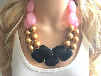 Pink Black & Gold Statement Necklace, Double Strand Beaded Jewelry, black and gold jewelry, bridsmaid wedding necklace, blush pink necklace