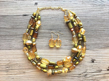 Load image into Gallery viewer, Gold &amp; Olive 3 Strand statement necklace, big beaded necklace, chunky jewelry, green necklace, gold necklace, multi-strand bib jewelry