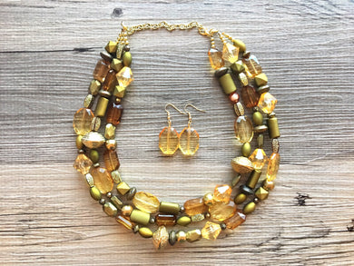 Gold & Olive 3 Strand statement necklace, big beaded necklace, chunky jewelry, green necklace, gold necklace, multi-strand bib jewelry