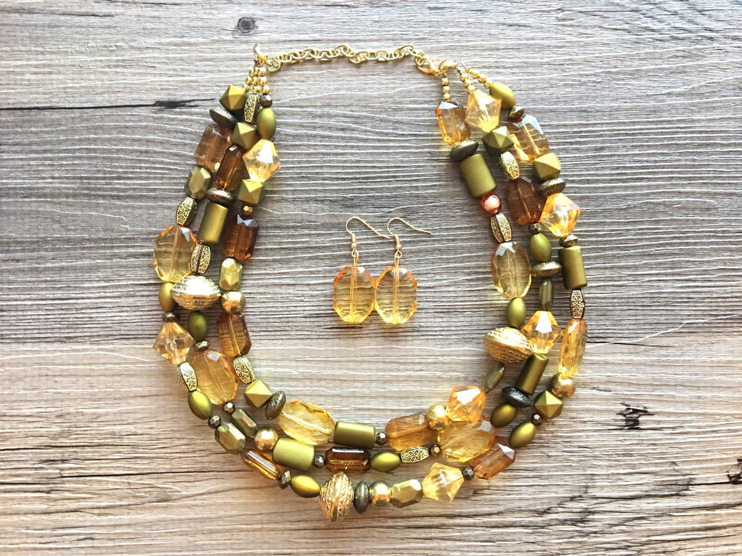 Gold & Olive 3 Strand statement necklace, big beaded necklace, chunky jewelry, green necklace, gold necklace, multi-strand bib jewelry