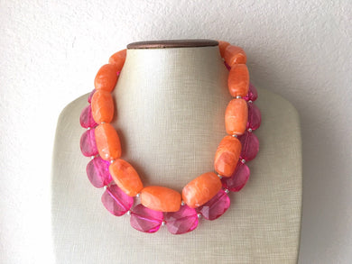Bright Tropical Pink & Orange Necklace, multi strand jewelry, big beaded chunky statement necklace, pink necklace, bridesmaid necklace