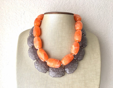 Orange & Gray Statement Necklace, Big Bead necklace, chunky orange necklace, fall wedding orange jewelry, gray necklace, bridesmaid necklace