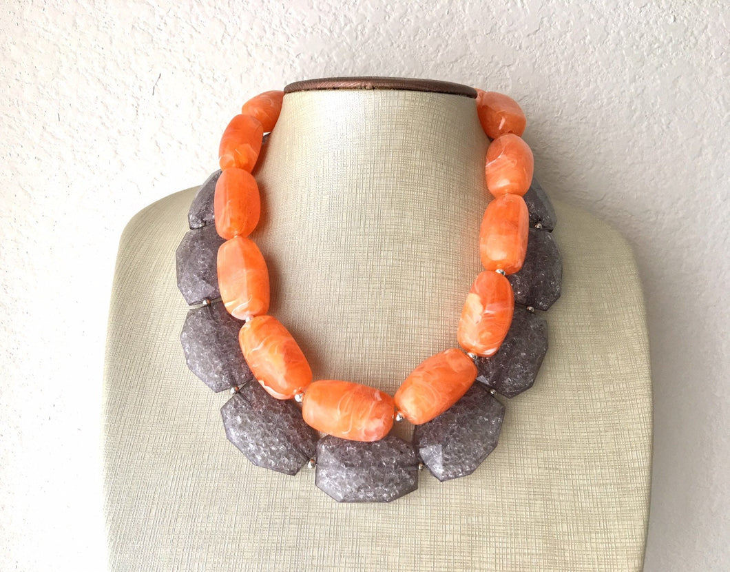 Orange & Gray Statement Necklace, Big Bead necklace, chunky orange necklace, fall wedding orange jewelry, gray necklace, bridesmaid necklace