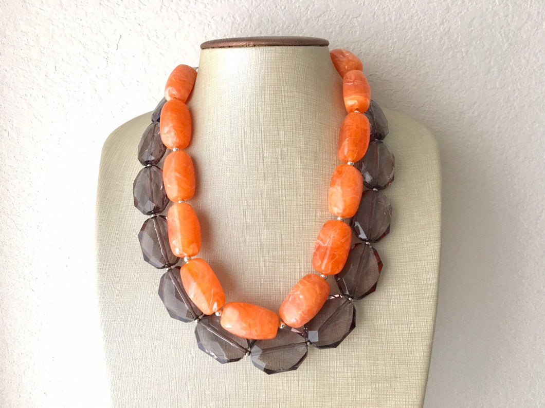 Orange & Gray Statement Necklace, Big Bead necklace, chunky orange necklace, fall wedding orange jewelry, gray necklace, bridesmaid necklace