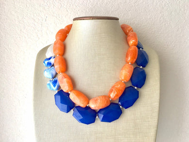 Royal Blue Orange & White Statement Jewelry Set, big Beaded Chunky necklace earrings, Double Strand wedding, bridesmaid necklace
