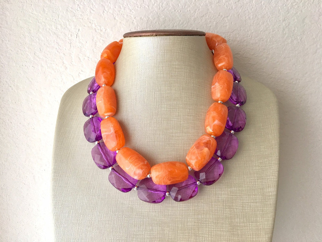 Purple & Orange Necklace, multi strand jewelry, big beaded chunky statement necklace, purple necklace, bridesmaid South Carolina
