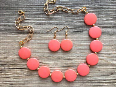 Coral Statement Necklace & earring set, pink jewelry, Your Choice of GOLD or SILVER, peach bib chunky necklace, dark pink geometric necklace