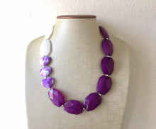 Load image into Gallery viewer, Purple &amp; White Statement Jewelry Set, big Beaded Chunky necklace earrings, Double Strand wedding, bridesmaid necklace, purple