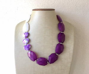 Purple & White Statement Jewelry Set, big Beaded Chunky necklace earrings, Double Strand wedding, bridesmaid necklace, purple