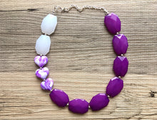 Load image into Gallery viewer, Purple &amp; White Statement Jewelry Set, big Beaded Chunky necklace earrings, Double Strand wedding, bridesmaid necklace, purple