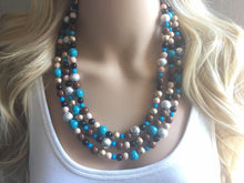 Load image into Gallery viewer, Metallic Southwest Triple Strand necklace, chunky beaded jewelry turquoise gold silver brown tan jewelry, blue chunky bib necklace