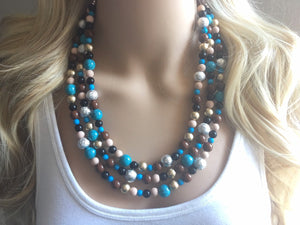 Metallic Southwest Triple Strand necklace, chunky beaded jewelry turquoise gold silver brown tan jewelry, blue chunky bib necklace