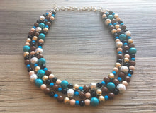 Load image into Gallery viewer, Metallic Southwest Triple Strand necklace, chunky beaded jewelry turquoise gold silver brown tan jewelry, blue chunky bib necklace