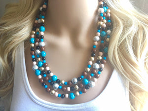 Metallic Southwest Triple Strand necklace, chunky beaded jewelry turquoise gold silver brown tan jewelry, blue chunky bib necklace