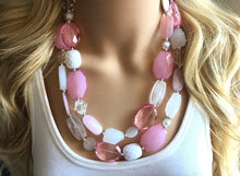 Load image into Gallery viewer, Chunky pink Blush + White Statement Necklace, multi strand bright jewelry, chunky statement necklace, pink necklace, blush pink clear resin