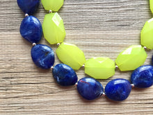 Load image into Gallery viewer, Lime Green &amp; Blue Statement Necklace, Chunky Beaded Necklace, Periwinkle Jewelry, dark blue Necklace, blue green beaded necklace