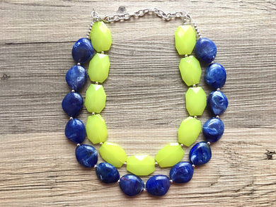 Lime Green & Blue Statement Necklace, Chunky Beaded Necklace, Periwinkle Jewelry, dark blue Necklace, blue green beaded necklace
