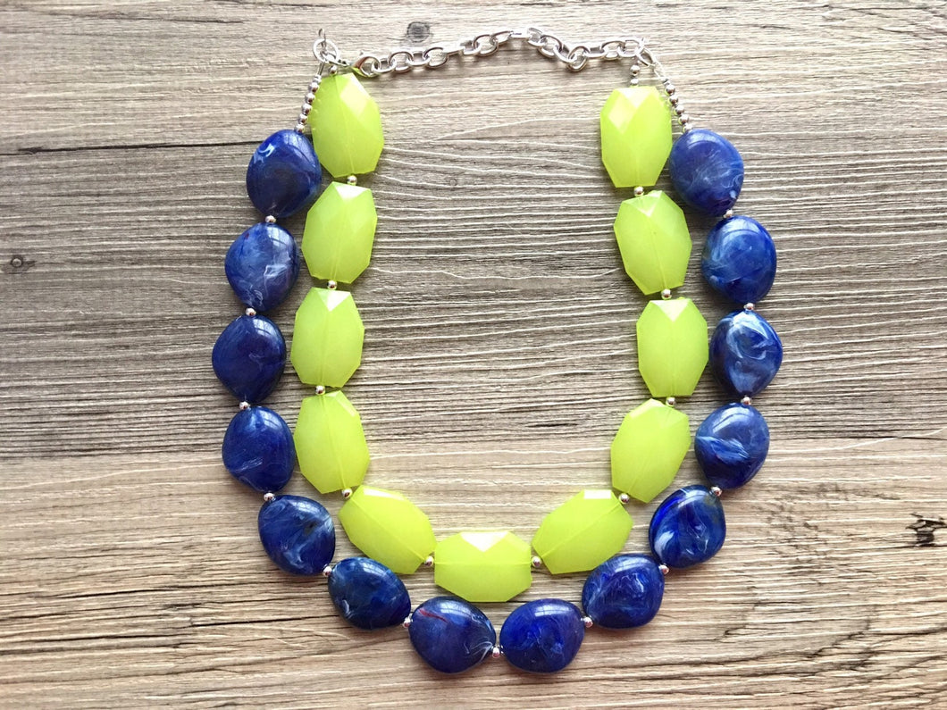 Lime Green & Blue Statement Necklace, Chunky Beaded Necklace, Periwinkle Jewelry, dark blue Necklace, blue green beaded necklace