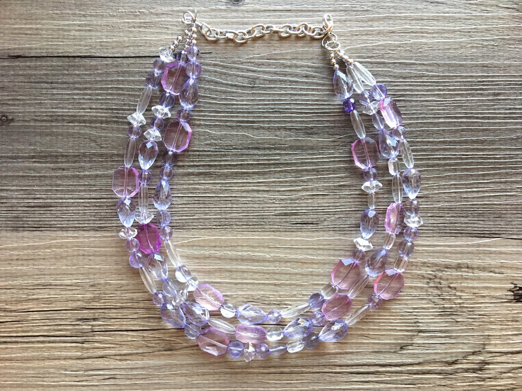 Light Purple Chunky Statement Necklace Triple Strand Beaded Jewelry, lilac lavendar eggplant jewelry bridesmaid wedding necklace