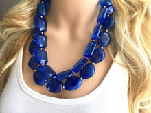 Load image into Gallery viewer, Royal Blue Double Strand Statement Necklace, Chunky Royal Blue Oval Beaded Bib Jewelry, blue jewelry, dark blue jewlery necklace earrings