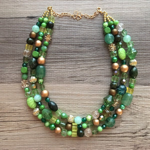 St. Patrick’s Day Gold & Green Statement Necklace, 3 strand forest, dark green Jewelry, glass beaded jewelry, multi strand green necklace