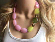 Load image into Gallery viewer, Watermelon Party Pink Green Chunky Statement Necklace, Big beaded jewelry, single Strand bib chunky Necklace, pink green white jewelry, bead