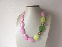 Load image into Gallery viewer, Watermelon Party Pink Green Chunky Statement Necklace, Big beaded jewelry, single Strand bib chunky Necklace, pink green white jewelry, bead