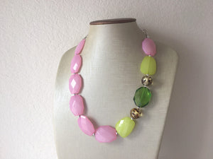 Watermelon Party Pink Green Chunky Statement Necklace, Big beaded jewelry, single Strand bib chunky Necklace, pink green white jewelry, bead