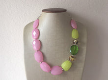 Load image into Gallery viewer, Watermelon Party Pink Green Chunky Statement Necklace, Big beaded jewelry, single Strand bib chunky Necklace, pink green white jewelry, bead