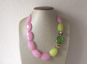 Watermelon Party Pink Green Chunky Statement Necklace, Big beaded jewelry, single Strand bib chunky Necklace, pink green white jewelry, bead