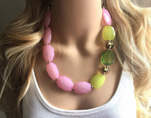 Load image into Gallery viewer, Watermelon Party Pink Green Chunky Statement Necklace, Big beaded jewelry, single Strand bib chunky Necklace, pink green white jewelry, bead