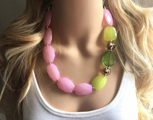 Watermelon Party Pink Green Chunky Statement Necklace, Big beaded jewelry, single Strand bib chunky Necklace, pink green white jewelry, bead