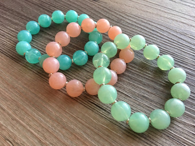 Green & Peach stretch rainbow bracelets, beaded silver jewelry, Mix and match stretchy bracelet, bubble pride arm stacking mint pink
