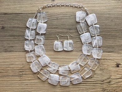 Double Layer White Cloudy chunky statement necklace, bib jewelry cloudy white necklace, white jewelry, white beaded necklace, white