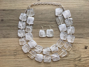Double Layer White Cloudy chunky statement necklace, bib jewelry cloudy white necklace, white jewelry, white beaded necklace, white