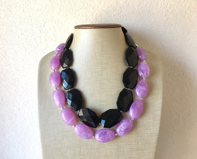 Purple & Black Necklace, multi strand jewelry, big beaded chunky statement necklace, purple necklace, bridesmaid necklace, black necklace