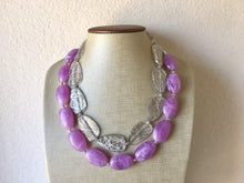 Load image into Gallery viewer, Lavender Purple &amp; silver clear resin Chunky Statement Necklace, multi strand colorful jewelry, big beaded chunky statement necklace
