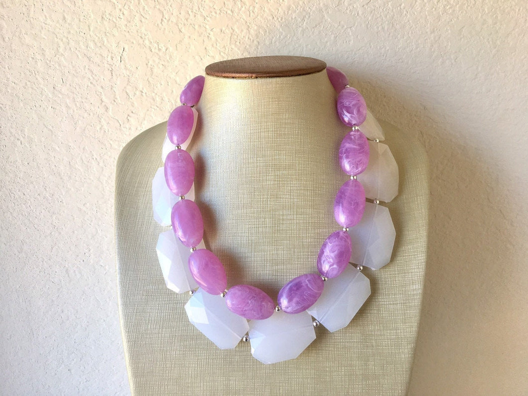 Lavender Purple & White Chunky Statement Necklace, multi strand colorful jewelry, big beaded chunky statement necklace, purple necklace