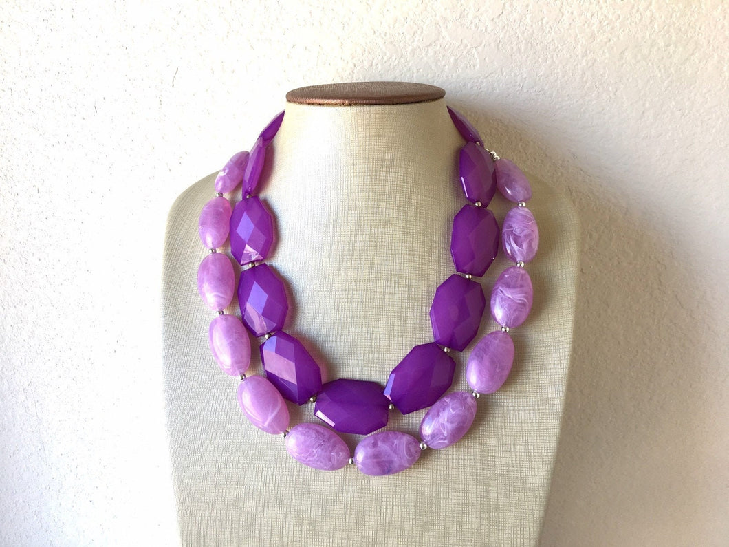 Chunky Statement Purple Necklace, multi strand colorful jewelry, big beaded chunky statement necklace, lavender necklace, purple jewelry