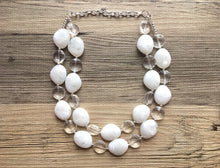 Load image into Gallery viewer, White &amp; Clear silver necklace, statement necklace, white jewelry, big beaded multi strand chunky necklace, white chunky statement jewelry