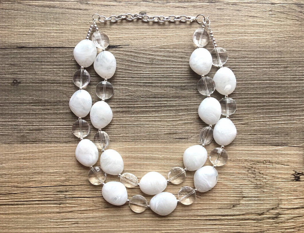 White & Clear silver necklace, statement necklace, white jewelry, big beaded multi strand chunky necklace, white chunky statement jewelry